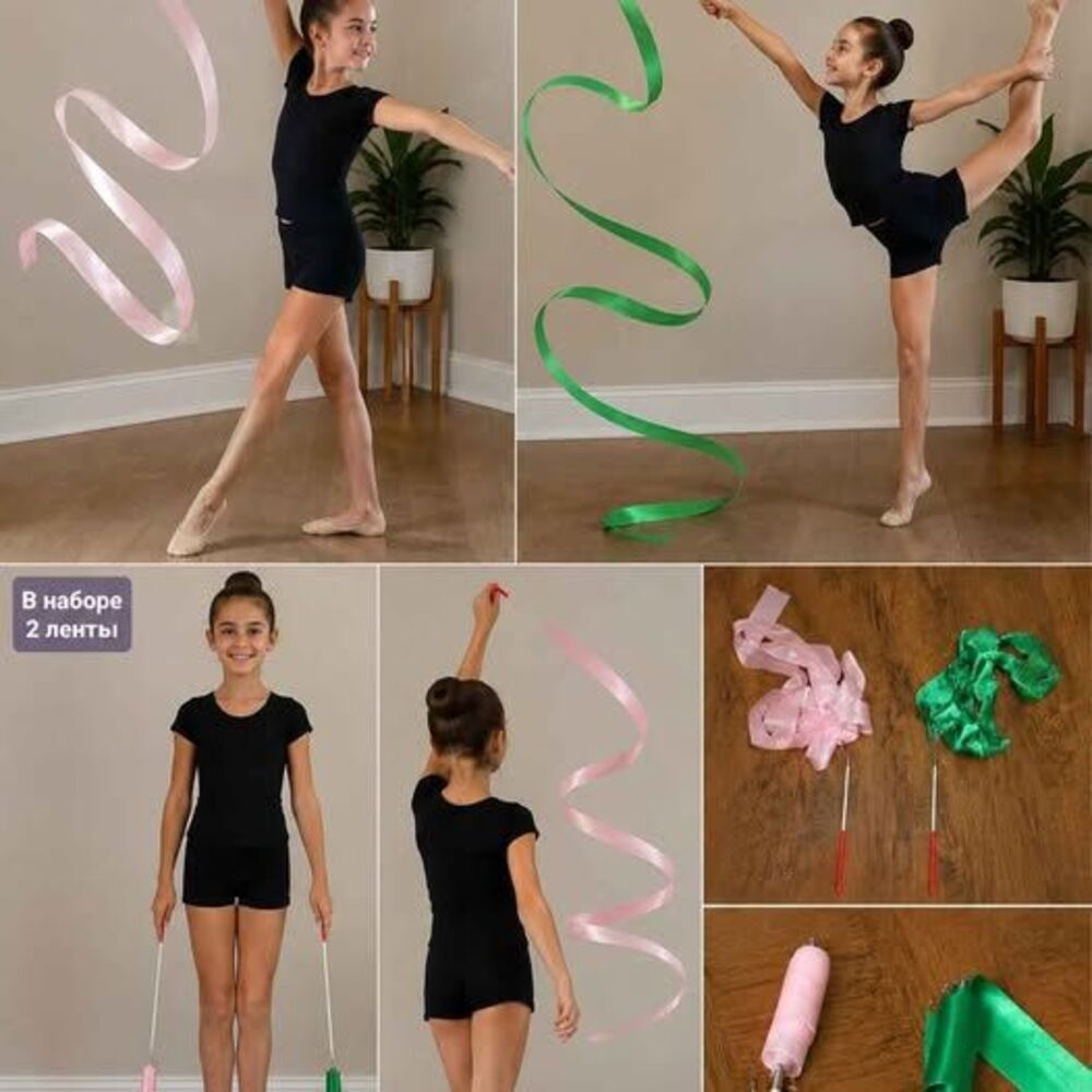 2 Rhythmic Gymnastics Dance Ribbon Wands – Pink & Green